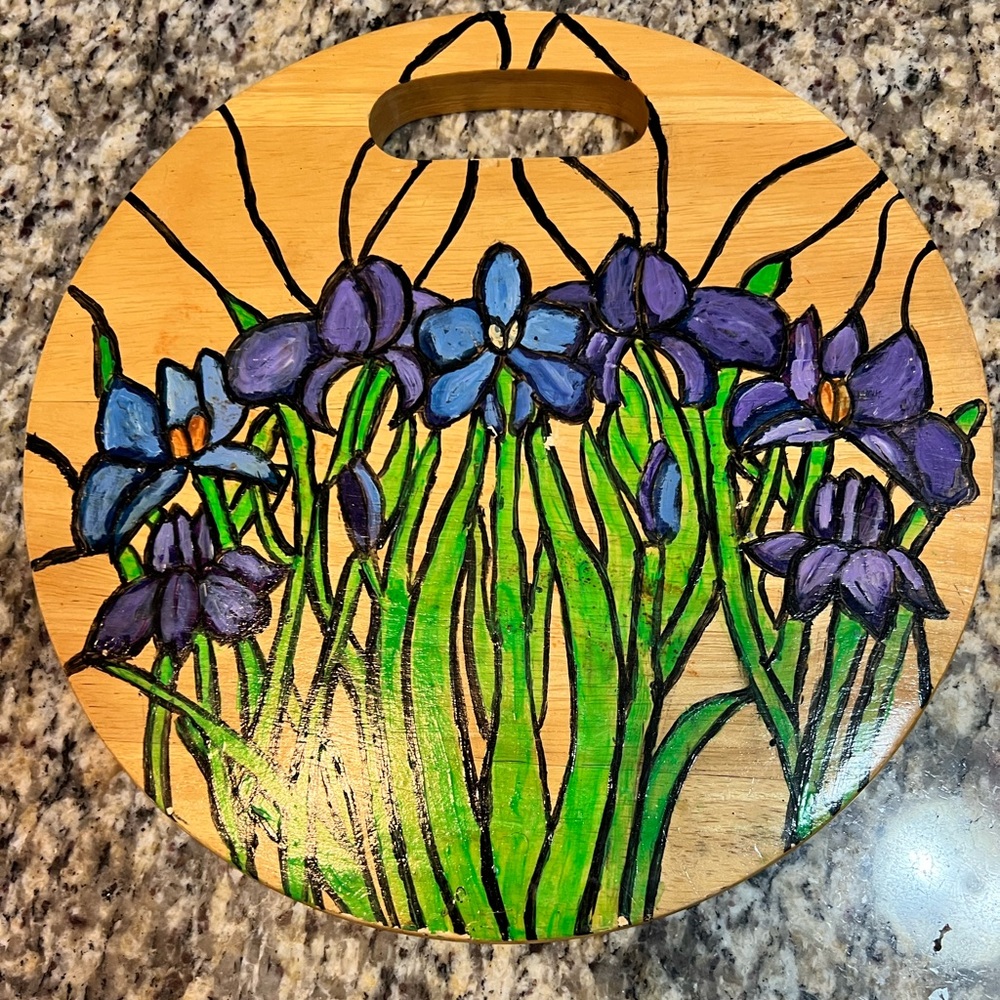 Handpainted cutting board. Purple iris design.
